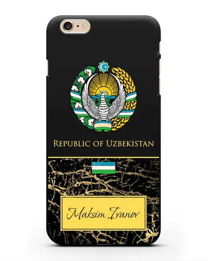 Чехол с гербом и флагом Республики Узбекистан с именем, фамилией на английском языке, черный мрамор силиконовый для iPhone 6s Plus