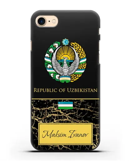 Чехол с гербом и флагом Республики Узбекистан с именем, фамилией на английском языке, черный мрамор силиконовый для iPhone 7
