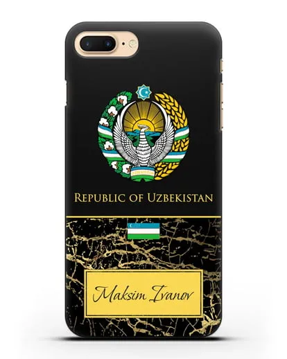 Чехол с гербом и флагом Республики Узбекистан с именем, фамилией на английском языке, черный мрамор силиконовый для iPhone 8 Plus