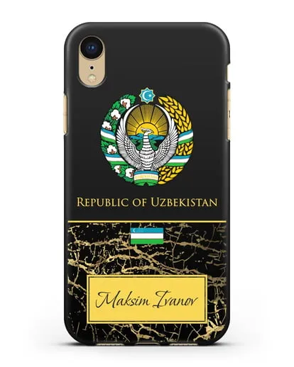 Чехол с гербом и флагом Республики Узбекистан с именем, фамилией на английском языке, черный мрамор силиконовый для iPhone XR
