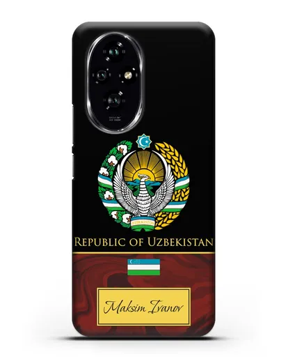 Чехол с гербом и флагом Республики Узбекистан с именем, фамилией на английском языке, красный мрамор силиконовый для Honor 200