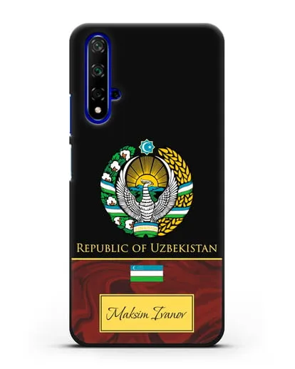 Чехол с гербом и флагом Республики Узбекистан с именем, фамилией на английском языке, красный мрамор силиконовый для Honor 20
