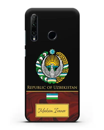 Чехол с гербом и флагом Республики Узбекистан с именем, фамилией на английском языке, красный мрамор силиконовый для Honor 20e