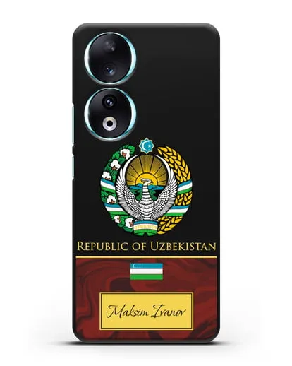 Чехол с гербом и флагом Республики Узбекистан с именем, фамилией на английском языке, красный мрамор силиконовый для Honor 90