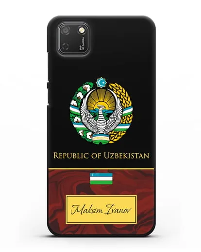 Чехол с гербом и флагом Республики Узбекистан с именем, фамилией на английском языке, красный мрамор силиконовый для Honor 9S