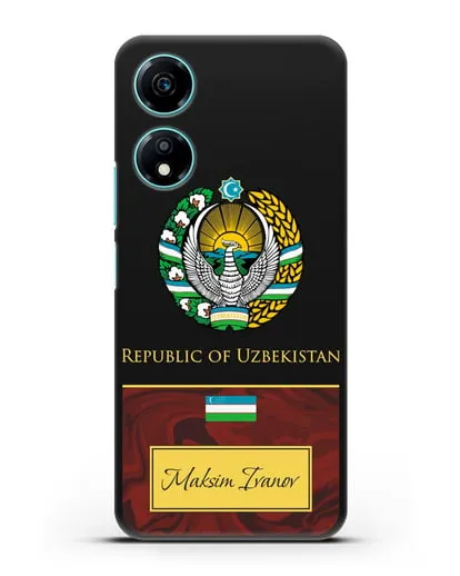 Чехол с гербом и флагом Республики Узбекистан с именем, фамилией на английском языке, красный мрамор силиконовый для Honor X5 Plus
