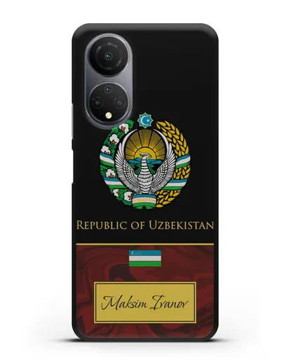 Чехол с гербом и флагом Республики Узбекистан с именем, фамилией на английском языке, красный мрамор силиконовый для Honor X7