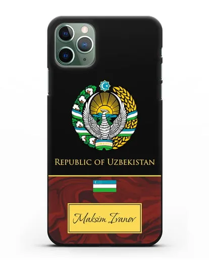 Чехол с гербом и флагом Республики Узбекистан с именем, фамилией на английском языке, красный мрамор силиконовый для iPhone 11 Pro