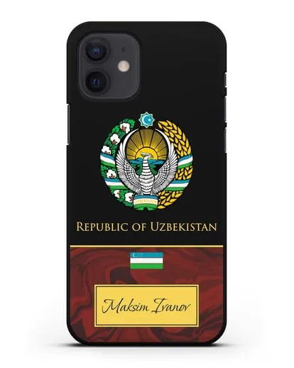 Чехол с гербом и флагом Республики Узбекистан с именем, фамилией на английском языке, красный мрамор силиконовый для iPhone 12