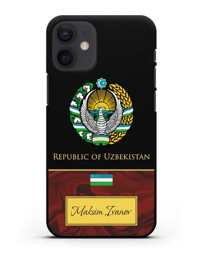 Чехол с гербом и флагом Республики Узбекистан с именем, фамилией на английском языке, красный мрамор силиконовый для iPhone 12 mini