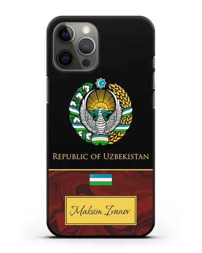 Чехол с гербом и флагом Республики Узбекистан с именем, фамилией на английском языке, красный мрамор силиконовый для iPhone 12 Pro Max