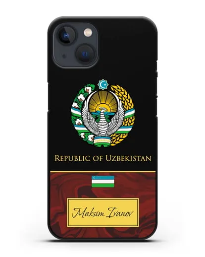 Чехол с гербом и флагом Республики Узбекистан с именем, фамилией на английском языке, красный мрамор силиконовый для iPhone 13