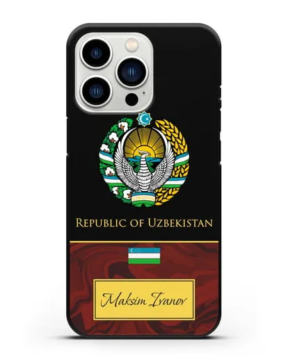 Чехол с гербом и флагом Республики Узбекистан с именем, фамилией на английском языке, красный мрамор силиконовый для iPhone 13 Pro