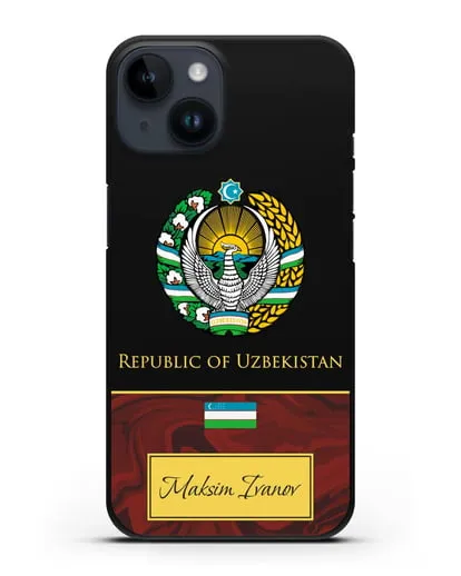 Чехол с гербом и флагом Республики Узбекистан с именем, фамилией на английском языке, красный мрамор силиконовый для iPhone 14