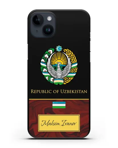 Чехол с гербом и флагом Республики Узбекистан с именем, фамилией на английском языке, красный мрамор силиконовый для iPhone 14 Plus