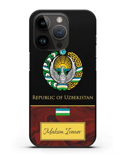 Чехол с гербом и флагом Республики Узбекистан с именем, фамилией на английском языке, красный мрамор силиконовый для iPhone 14 Pro
