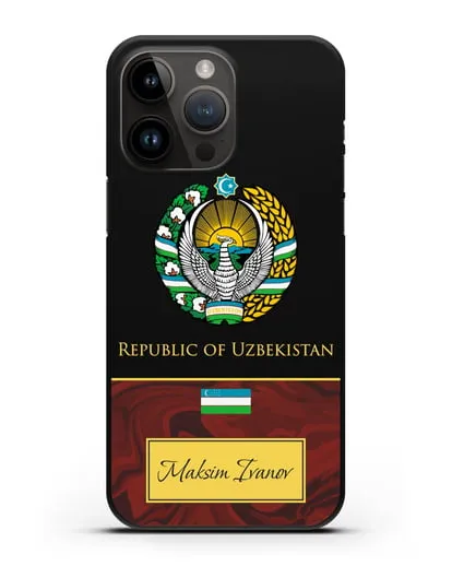 Чехол с гербом и флагом Республики Узбекистан с именем, фамилией на английском языке, красный мрамор силиконовый для iPhone 14 Pro Max