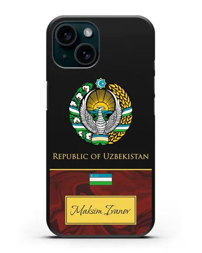 Чехол с гербом и флагом Республики Узбекистан с именем, фамилией на английском языке, красный мрамор силиконовый для iPhone 15