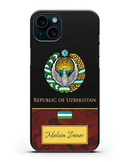 Чехол с гербом и флагом Республики Узбекистан с именем, фамилией на английском языке, красный мрамор силиконовый для iPhone 15 Plus