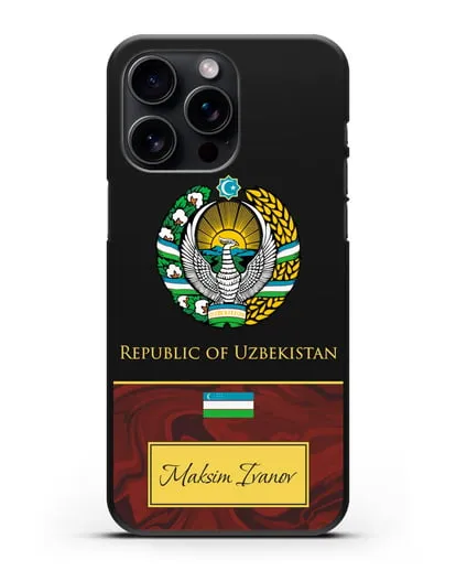 Чехол с гербом и флагом Республики Узбекистан с именем, фамилией на английском языке, красный мрамор силиконовый для iPhone 15 Pro Max