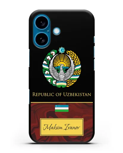 Чехол с гербом и флагом Республики Узбекистан с именем, фамилией на английском языке, красный мрамор силиконовый для iPhone 16