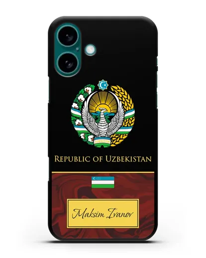 Чехол с гербом и флагом Республики Узбекистан с именем, фамилией на английском языке, красный мрамор силиконовый для iPhone 16 Plus