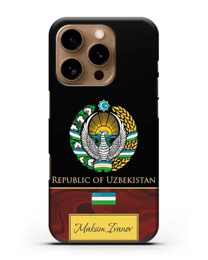 Чехол с гербом и флагом Республики Узбекистан с именем, фамилией на английском языке, красный мрамор силиконовый для iPhone 16 Pro