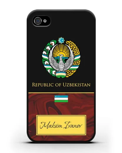 Чехол с гербом и флагом Республики Узбекистан с именем, фамилией на английском языке, красный мрамор силиконовый для iPhone 4/4s