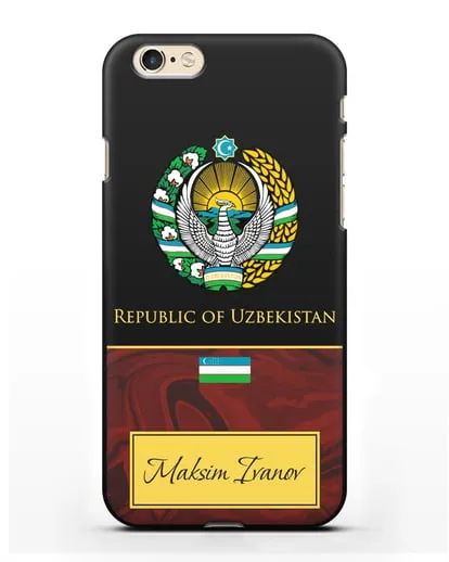 Чехол с гербом и флагом Республики Узбекистан с именем, фамилией на английском языке, красный мрамор силиконовый для iPhone 6