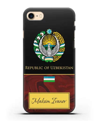 Чехол с гербом и флагом Республики Узбекистан с именем, фамилией на английском языке, красный мрамор силиконовый для iPhone 8