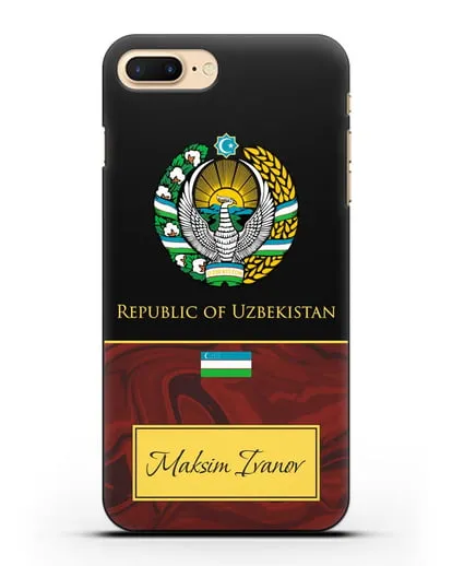 Чехол с гербом и флагом Республики Узбекистан с именем, фамилией на английском языке, красный мрамор силиконовый для iPhone 8 Plus