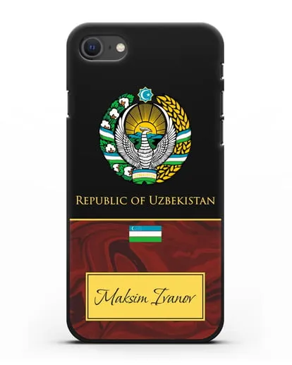 Чехол с гербом и флагом Республики Узбекистан с именем, фамилией на английском языке, красный мрамор силиконовый для iPhone SE 2020