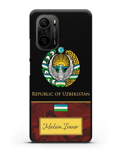 Чехол с гербом и флагом Республики Узбекистан с именем, фамилией на английском языке, красный мрамор силиконовый для Xiaomi Poco F3 Pro