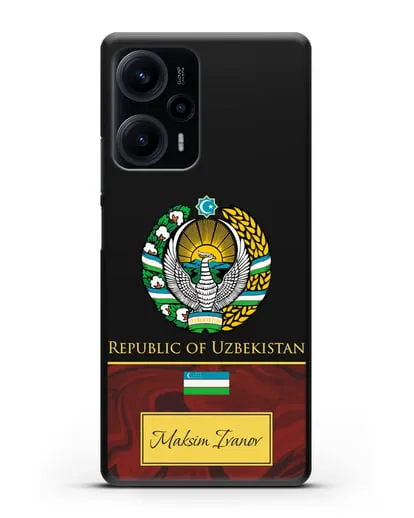 Чехол с гербом и флагом Республики Узбекистан с именем, фамилией на английском языке, красный мрамор силиконовый для Xiaomi Poco F5