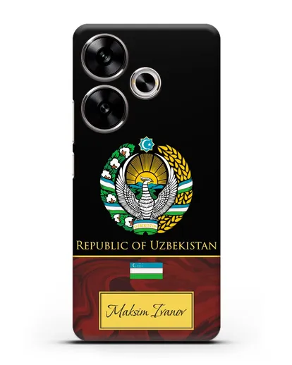 Чехол с гербом и флагом Республики Узбекистан с именем, фамилией на английском языке, красный мрамор силиконовый для Xiaomi Poco F6