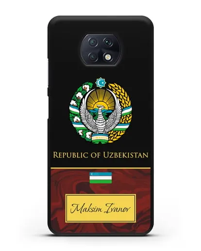 Чехол с гербом и флагом Республики Узбекистан с именем, фамилией на английском языке, красный мрамор силиконовый для Xiaomi Redmi Note 9T