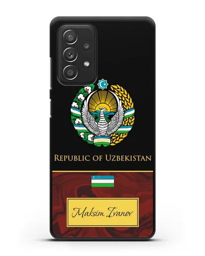 Чехол с гербом и флагом Республики Узбекистан с именем, фамилией на английском языке, красный мрамор силиконовый для Samsung Galaxy A53