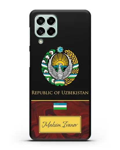 Чехол с гербом и флагом Республики Узбекистан с именем, фамилией на английском языке, красный мрамор силиконовый для Samsung Galaxy M53 [SM-M536]