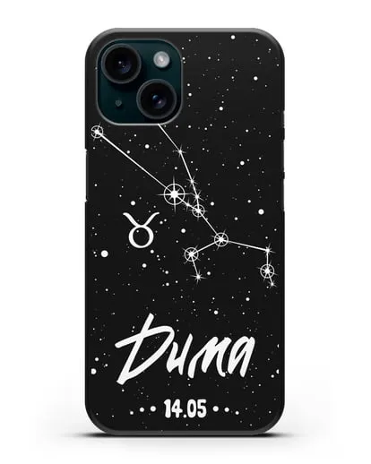 Чехол со знаком зодиака Телец (21 апр — 21 май) с именем, датой рождения силиконовый для iPhone 15