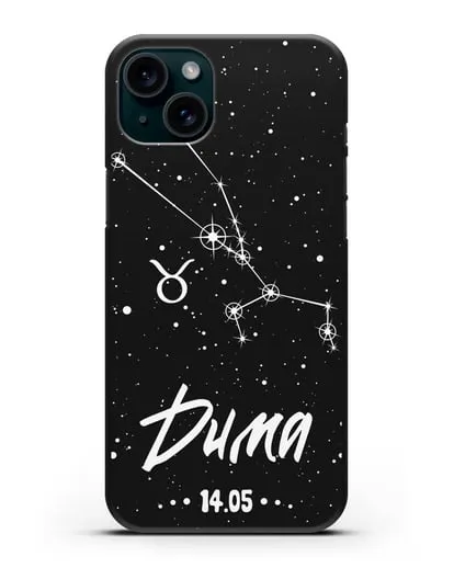 Чехол со знаком зодиака Телец (21 апр — 21 май) с именем, датой рождения силиконовый для iPhone 15 Plus