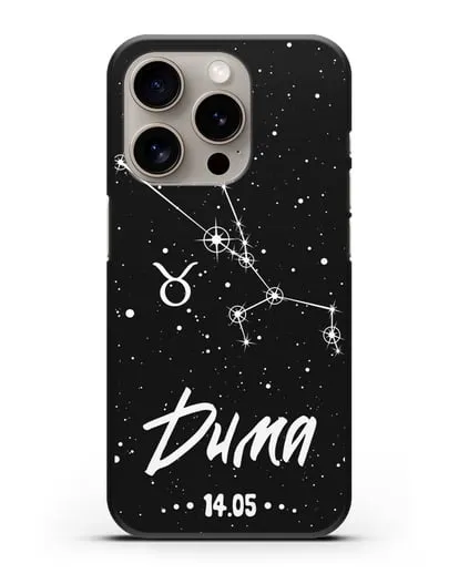 Чехол со знаком зодиака Телец (21 апр — 21 май) с именем, датой рождения силиконовый для iPhone 15 Pro