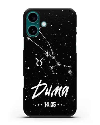 Чехол со знаком зодиака Телец (21 апр — 21 май) с именем, датой рождения силиконовый для iPhone 16 Plus