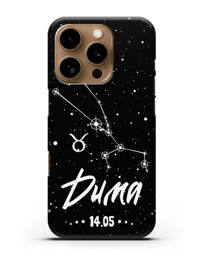 Чехол со знаком зодиака Телец (21 апр — 21 май) с именем, датой рождения силиконовый для iPhone 16 Pro