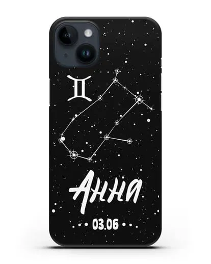 Чехол со знаком зодиака Близнецы (22 май — 21 июн) с именем, датой рождения силиконовый для iPhone 14 Plus