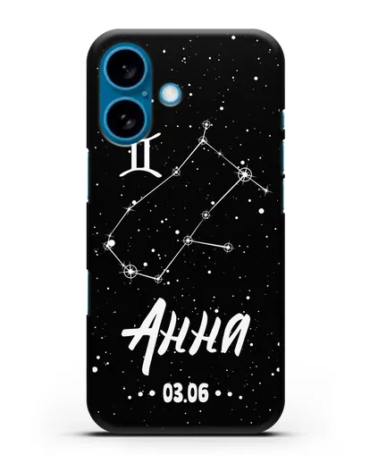 Чехол со знаком зодиака Близнецы (22 май — 21 июн) с именем, датой рождения силиконовый для iPhone 16