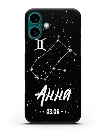 Чехол со знаком зодиака Близнецы (22 май — 21 июн) с именем, датой рождения силиконовый для iPhone 16 Plus