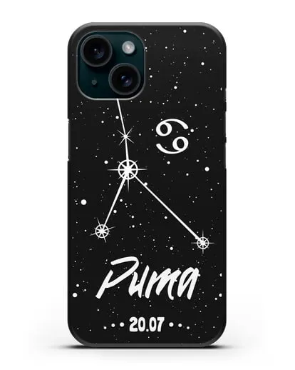 Чехол со знаком зодиака Рак (22 июн — 23 июл) с именем, датой рождения силиконовый для iPhone 15