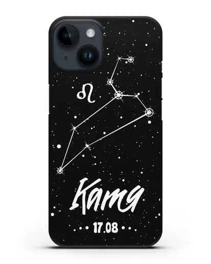 Чехол со знаком зодиака Лев (24 июл — 23 авг) с именем, датой рождения силиконовый для iPhone 14