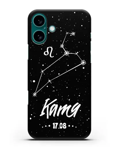 Чехол со знаком зодиака Лев (24 июл — 23 авг) с именем, датой рождения силиконовый для iPhone 16 Plus