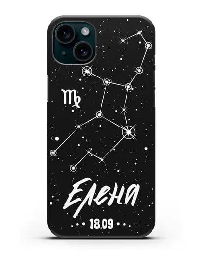 Чехол со знаком зодиака Дева (24 авг — 23 сен) с именем, датой рождения силиконовый для iPhone 15 Plus